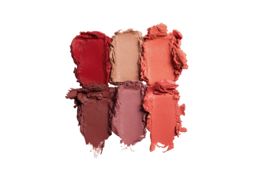 Six smears of lipstick in earthy reds, oranges, and muted pink