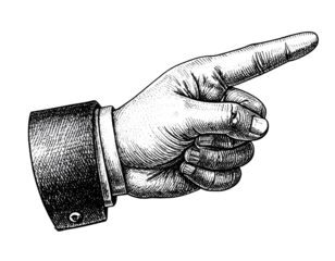 Engraved hand, right-facing, index finger extended, points to the right; black & white illustration on a black backdrop