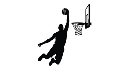 Dynamic basketball player in mid air performing a powerful slam dunk against a white background silhouette © AL-AMIN