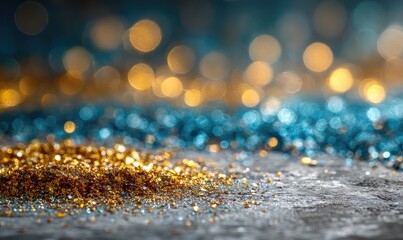 Glistening gold/blue bokeh on textured surface