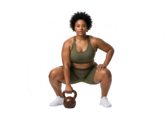Strong African woman doing kettlebell squats isolated on transparent background in activewear for fitness
