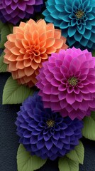Colorful dahlia blooms clustered, leaves, dark background