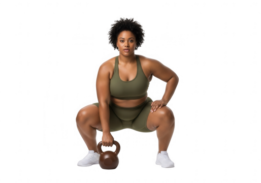 Strong African woman doing kettlebell squats isolated on transparent background in activewear for fitness