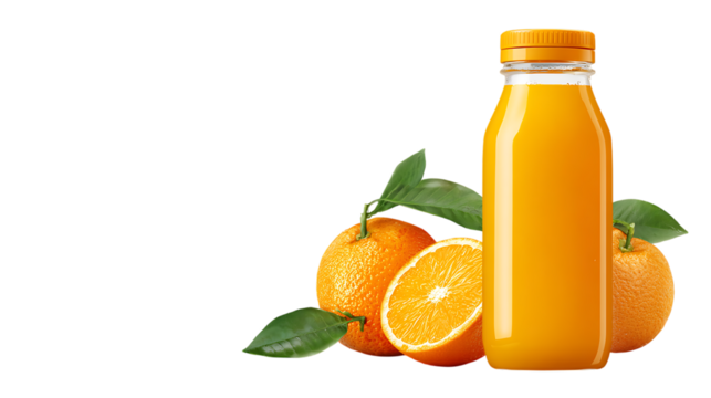 Orange juice bottle with oranges and leaves on transparent background, fresh squeezed juice