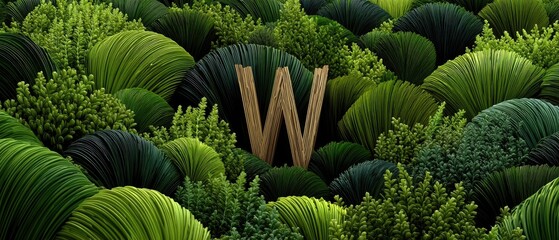 Wood letter 'W' amid sculpted green plants/foliage