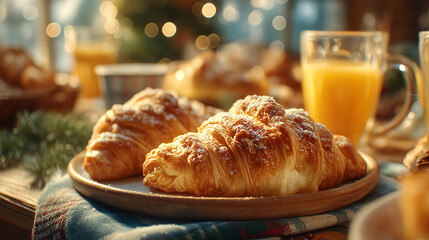 Close up of croissants with powdered sugar and orange juice on a table