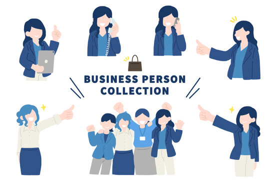 いろいろなポーズをしたスーツのビジネスパーソン[女性]のフラットなイラスト（セット）
