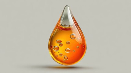 Golden liquid drop with bubbles on soft grey background
