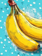 Three bananas on blue, with white polka-dot pattern