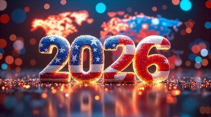 Global Happy New Year 2026! Patriotic numbers glow on a sparkling world map, celebrating worldwide connection, China and Hong Kong.