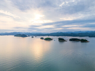 Scenery of Qiandao (Thousand Islands) lake on the cloudy day in Hangzhou, Zhejiang province, China. Defocus picture for nature background.