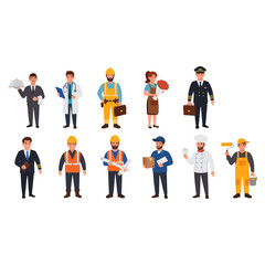 Diverse group of professionals including a waiter, doctor, construction worker, florist, pilot, executive, engineer, delivery person, chef, and painter
