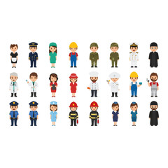 Diverse Set of Cartoon Professionals in Uniforms Showing Different Occupations and Jobs Standing Side By Side on White Background
