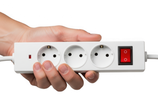 Hand holding a white extension cord with three sockets isolated on transparent background - Powered by Adobe