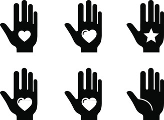 Obraz premium Hand gesture icons with heart and star symbols, black silhouette palms, abstract signs, spiritual design, flat vector illustration