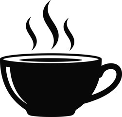 Hot drink, coffee cup, tea mug, steam rising, beverage icon, morning refreshment, café symbol, black silhouette, flat vector illustration