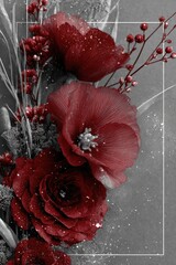 Dark red flower arrangement on grayscale background