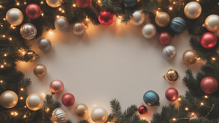 Christmas wreath with colorful ornaments and lights forming a circular frame