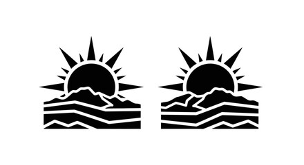 Minimalist black and white landscape featuring mountains sun and waves