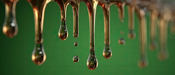 Golden liquid drips over a green background