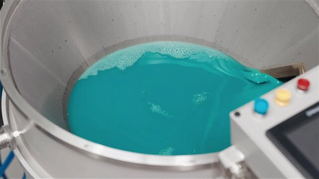 Industrial hydrometallurgical reactor containing vibrant teal chemical solution, illustrating the leaching and dissolution of LFP black mass in sustainable battery recycling and material recovery.