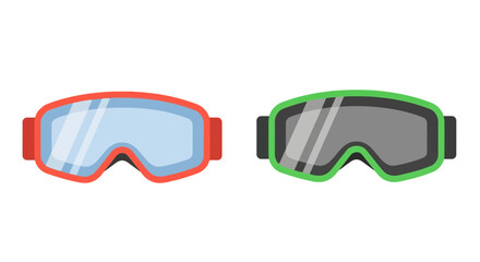 Two colorful ski goggles one red and one green are displayed