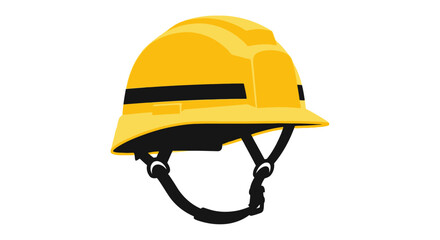 A bright yellow construction helmet with black stripes and adjustable straps