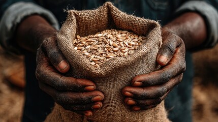 Dark hands holding burlap sack filled with grain