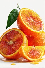 Blood oranges, sliced, stacked, leaf