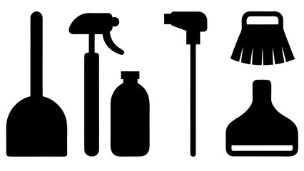 Cleaning supplies arranged neatly in a row on a white background studio shot