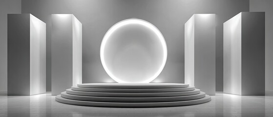 Minimalist stage with luminous circle, platforms, and columns