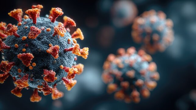 Virus cells with spike proteins float in fluid