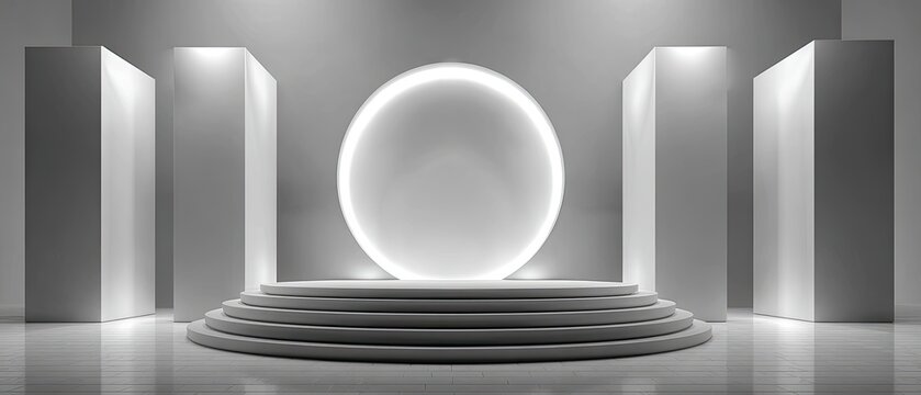 Minimalist stage with luminous circle, platforms, and columns