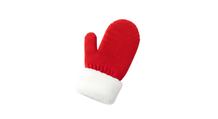 Red knitted mitten with white trim glove wool isolated on a transparent background