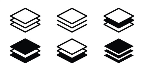 Layers icon set. Logo layers, levels, tiers, sheets icons. Fabric floor layers symbol absorbent of material stack vector. Surface levels technology for business