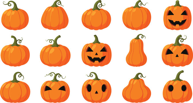 Cartoon Halloween Pumpkin Vector Icon Set with Assorted Jack O Lantern Faces