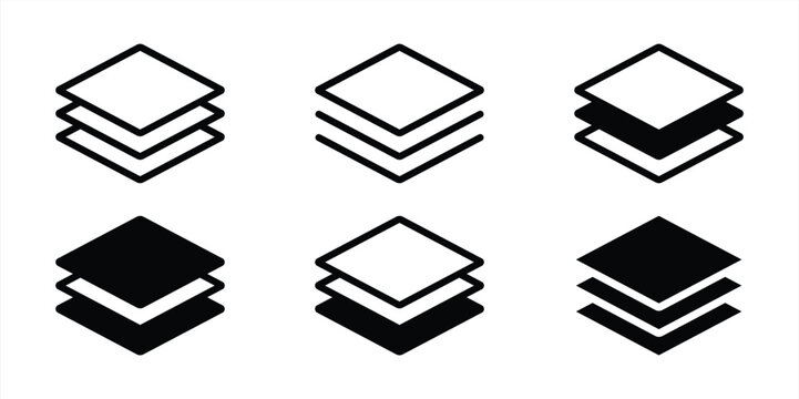 Layers icon set. Logo layers, levels, tiers, sheets icons. Fabric floor layers symbol absorbent of material stack vector. Surface levels technology for business