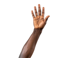 Raised, dark-skinned hand, palm facing forward, fingers extended against a stark black background
