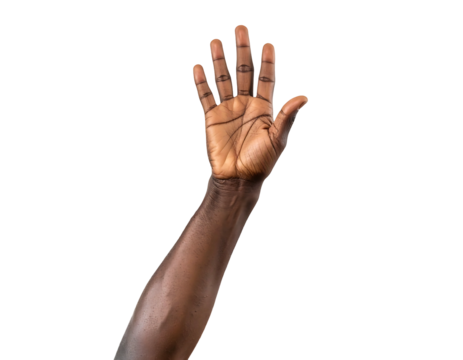 Raised, dark-skinned hand, palm facing forward, fingers extended against a stark black background