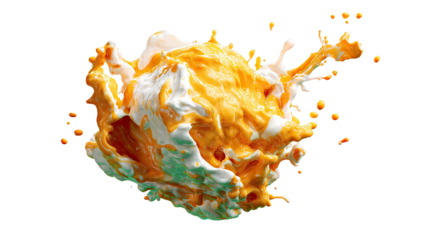 Spherical burst of mixed orange and white liquid on black background