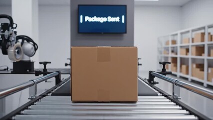 Cyber Monday : Automated Robotic Arm System Handling a Cardboard Box on a Conveyor Belt in a Modern Warehouse - Powered by Adobe