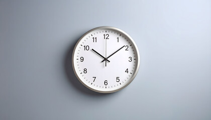 Minimal white wall clock with black hands and numbers showing time at ten ten on light gray background symbolizing punctuality precision and modern simplicity.
