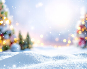 Winter background with snow and christmas tree. Blurred bokeh