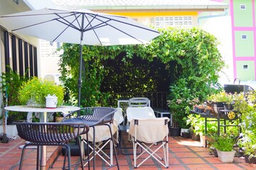 table and chairs in a garden