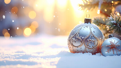 Christmas balls on snow with bokeh background, winter holiday concept