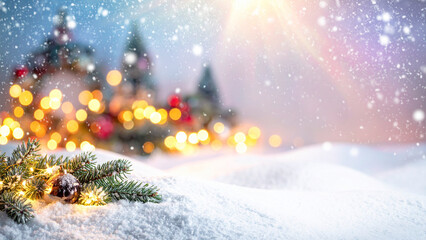 Winter background with snow and christmas tree. Blurred bokeh