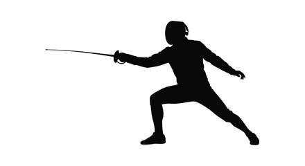 Dynamic silhouette of a fencer in action lunging forward with a sword extended in a white background silhouette
