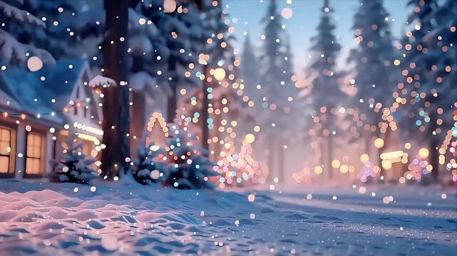 Winter Woods Glow: Snow-Covered Cabins and Festive String Lights Scene