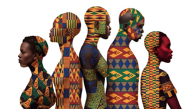 Figures adorned in kente cloth stand against a white background for  black history month