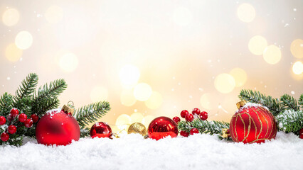 Christmas greeting card. Festive decoration on bokeh background. New Year concept. Copy space.
